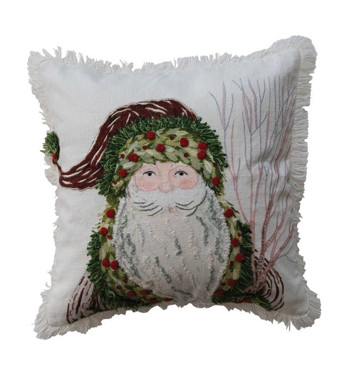 Square Santa embroidered fringe throw pillow.
