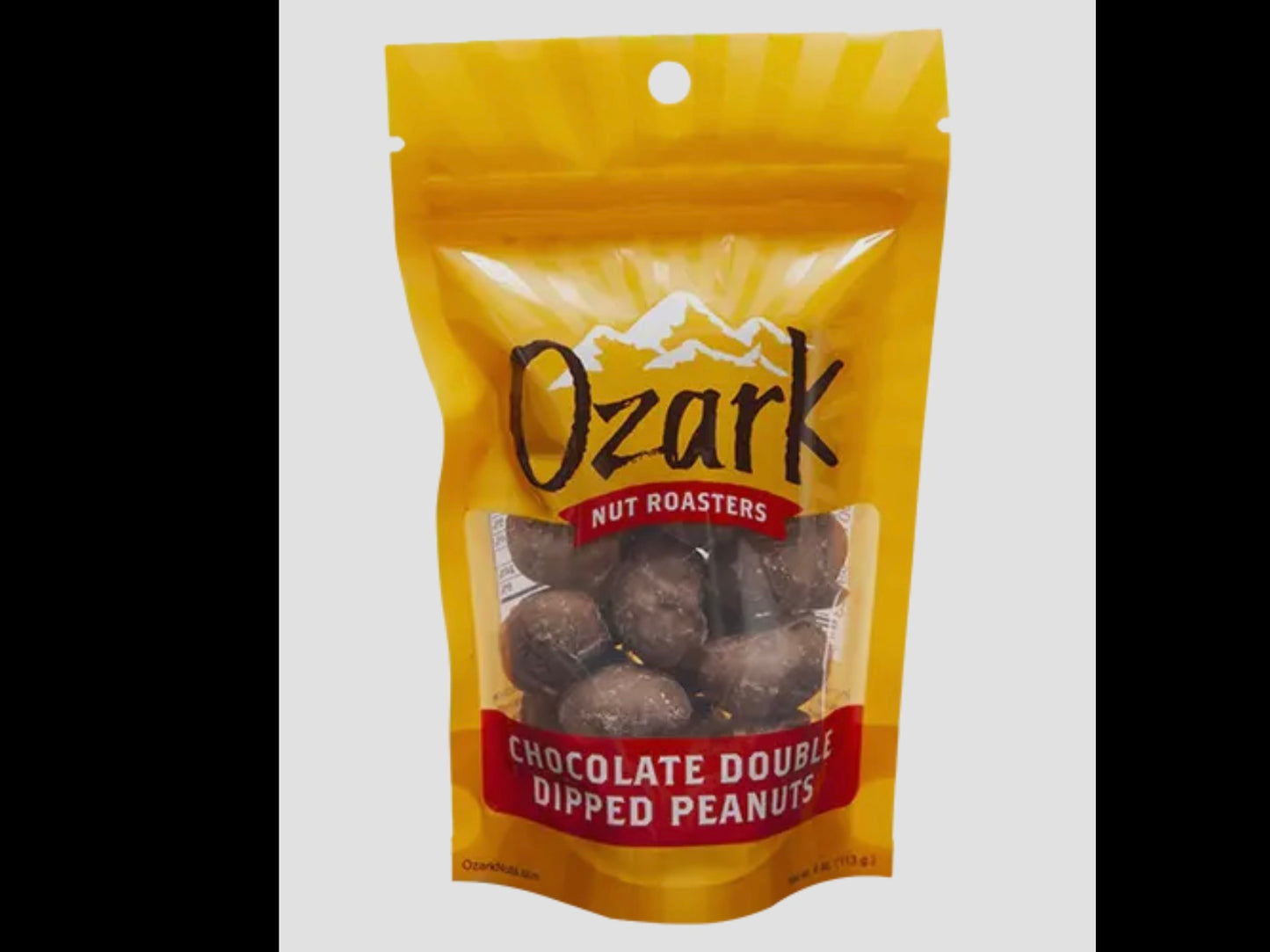 Yellow 4oz resealable "Ozark Nut Roasters" bag, mountain design, Chocolate Double Dipped Peanuts.