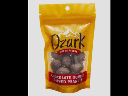 Yellow 4oz resealable "Ozark Nut Roasters" bag, mountain design, Chocolate Double Dipped Peanuts.