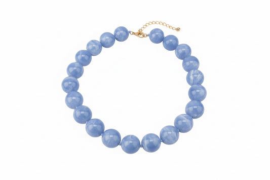 Large, glossy light blue beaded necklace with gold clasp. Available in 16", 18", and 20" lengths.