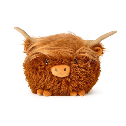 Highland Cow Super Soft Snuggle with long brown fur, round feet, tan snout, curved horns. Available in multiple sizes.