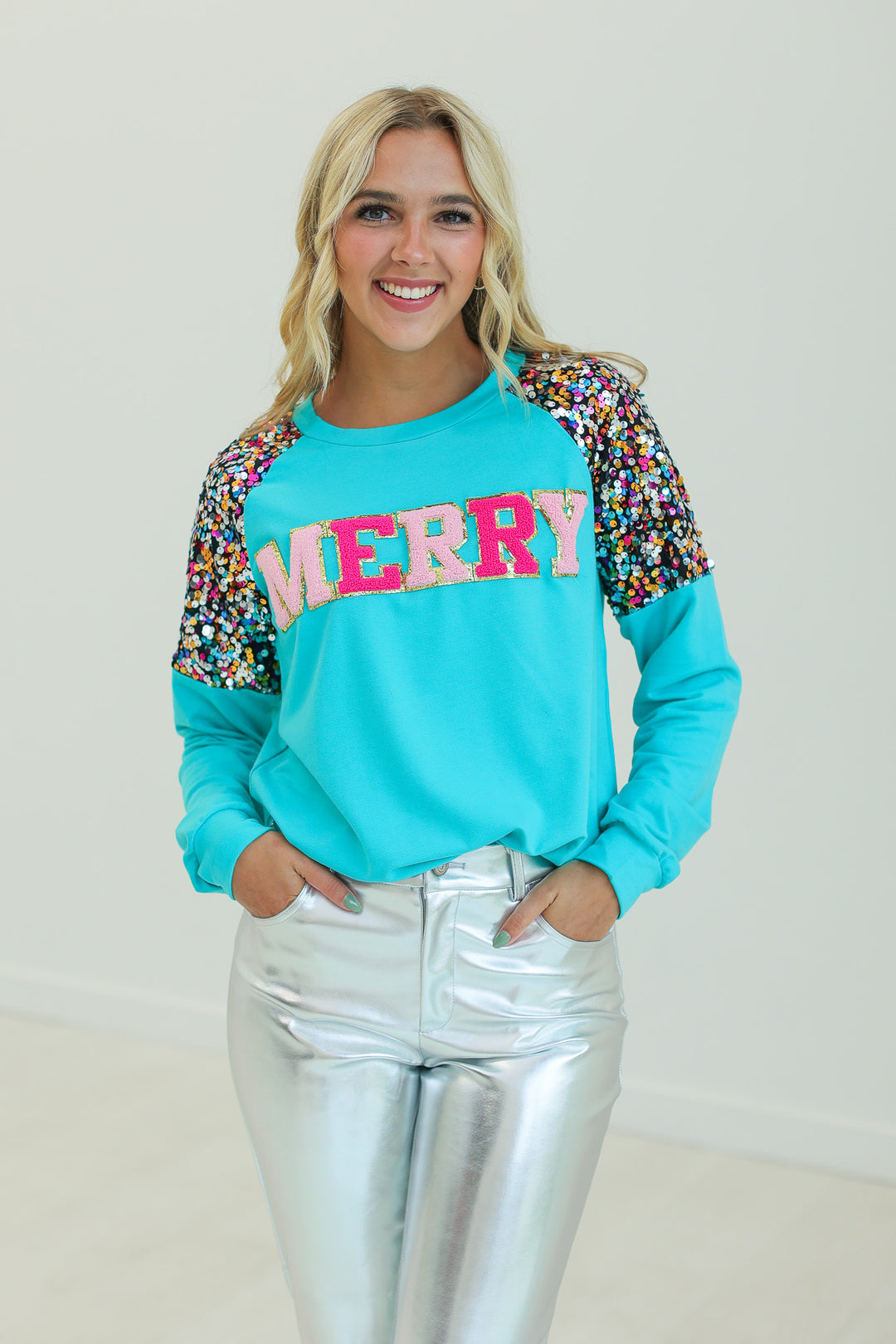 Turquoise Sequin Merry Sweatshirt