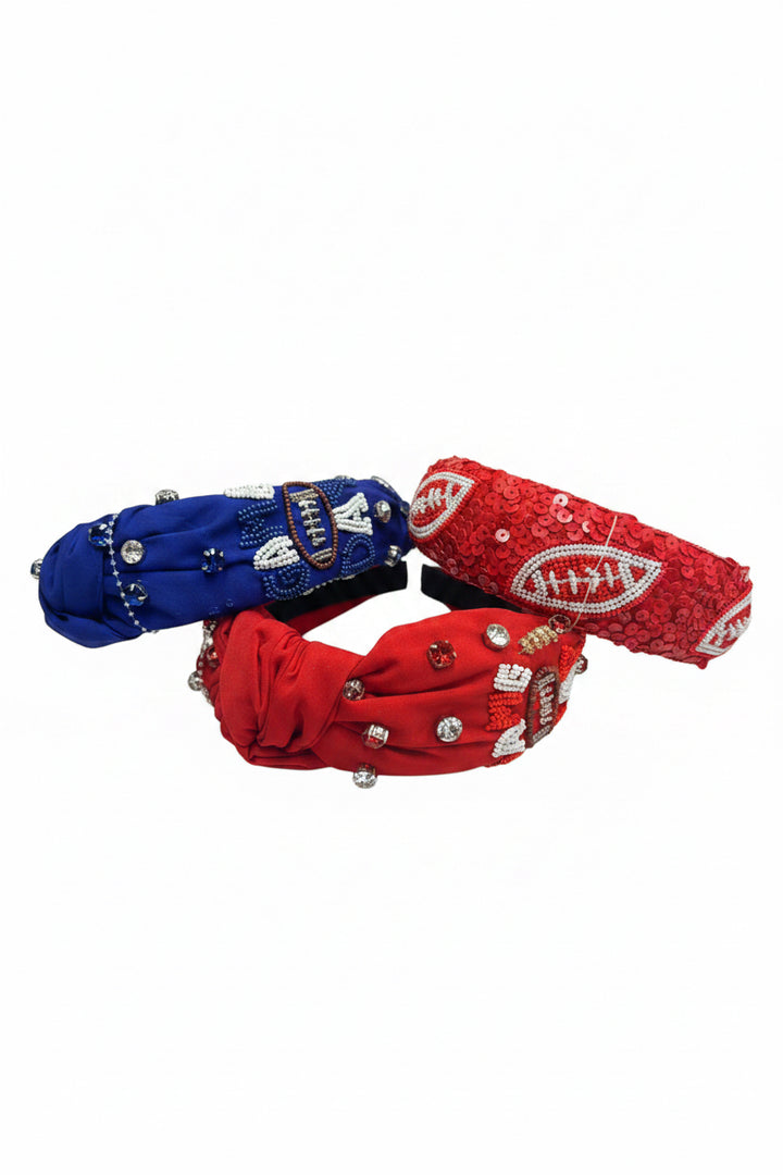 Blue and red Game Day Headbands featuring beads, sequins, and patches. Available in S/M and M/L. Football fan accessory.