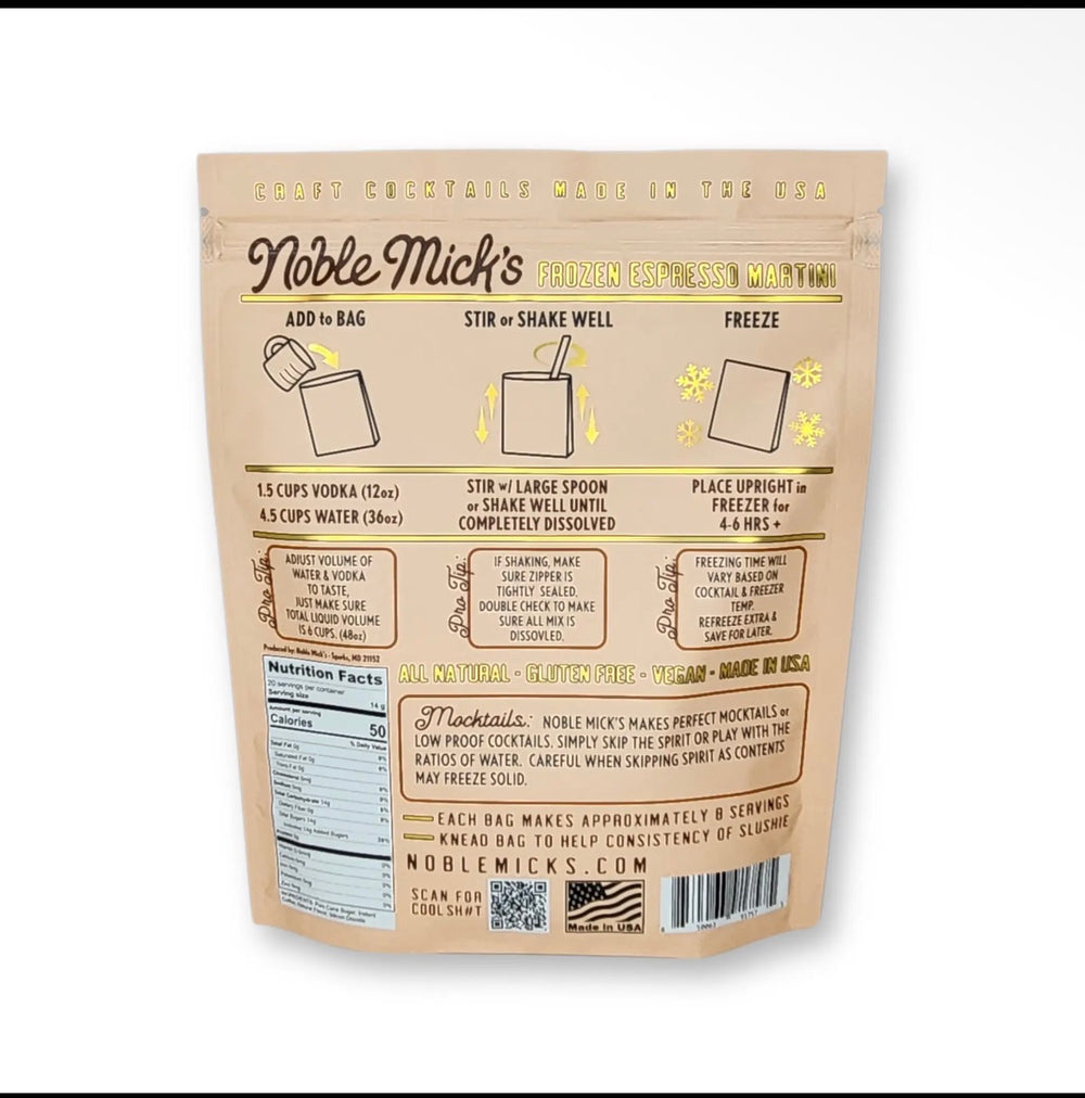 Back of Espresso Martini Frozen Cocktail Mix pouch showing prep instructions, natural ingredients, and nutrition facts.