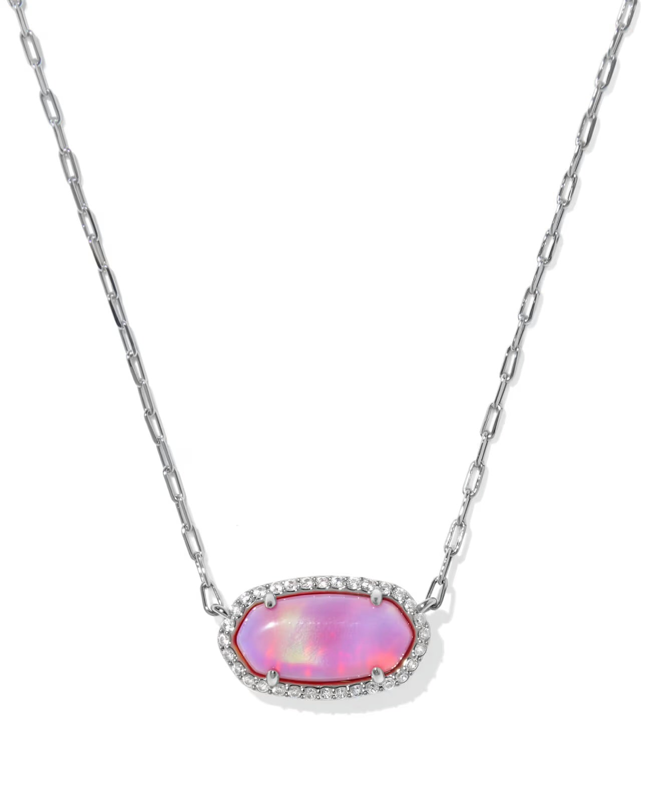 Silver paperclip chain, oval pink opalescent resin pendant with clear stone frame. Available in 15-17 inch lengths.
