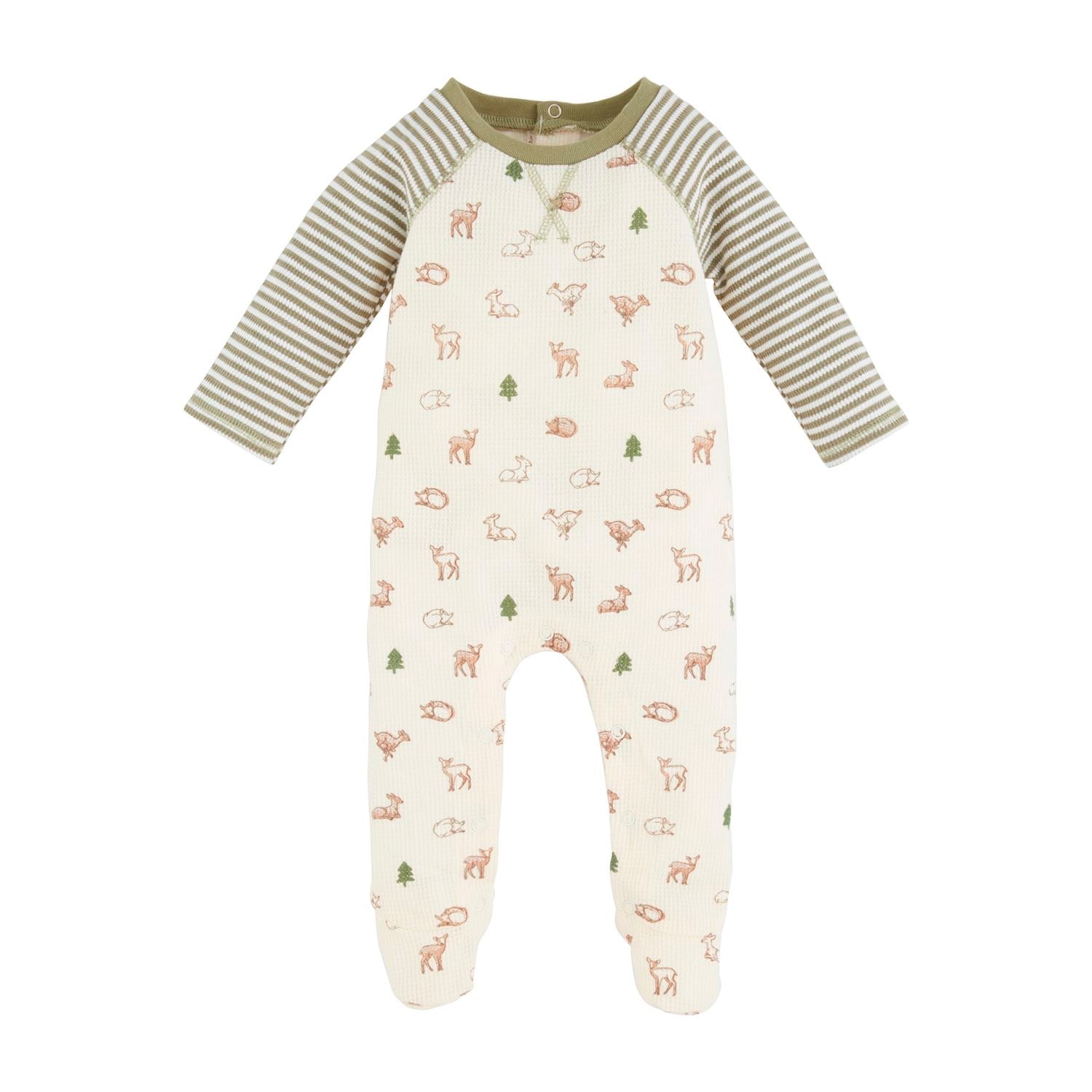 The Deer Waffle Sleeper: Baby footed sleeper with long sleeves, raglan sleeves in green and white stripes, cream body with woodland animals and trees in green and brown, round neckline, snap closures at the back. Sizes available: Newborn, 0-3 months, 3-6 months, 6-9 months.