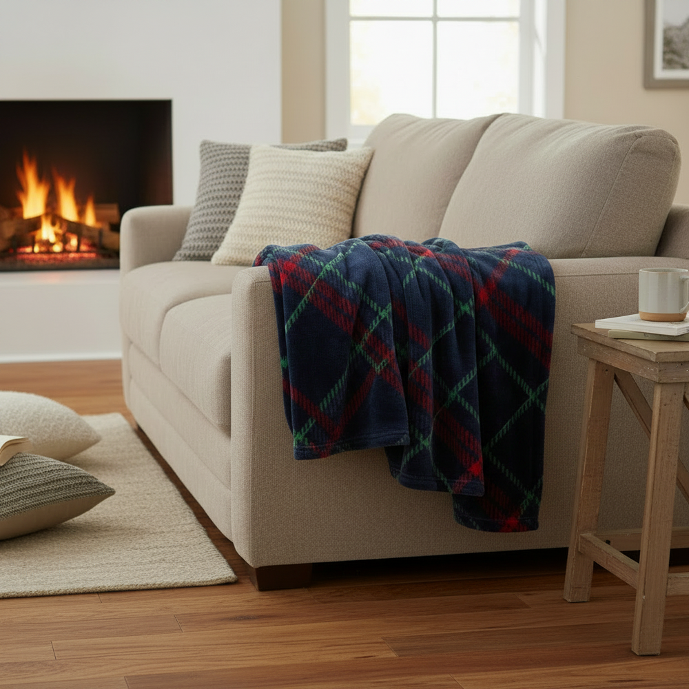 Layton Plaid Throw in navy blue with a red and green plaid pattern.