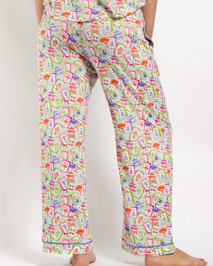 Pajama pants with a vibrant mahjong tile pattern on a white background. Available in sizes S-XL.