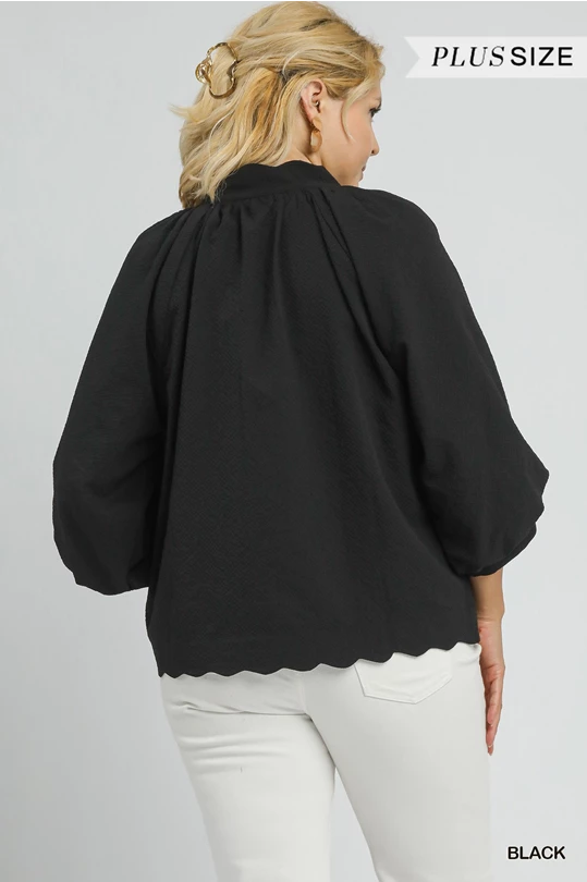 Black Textured Scalloped Hem Blouse, plus size, available in sizes 1X-4X.