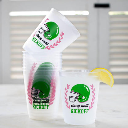 Dishwasher-safe “Classy Until KICKOFF” cups with green football helmet; available in 12oz and 16oz sizes.