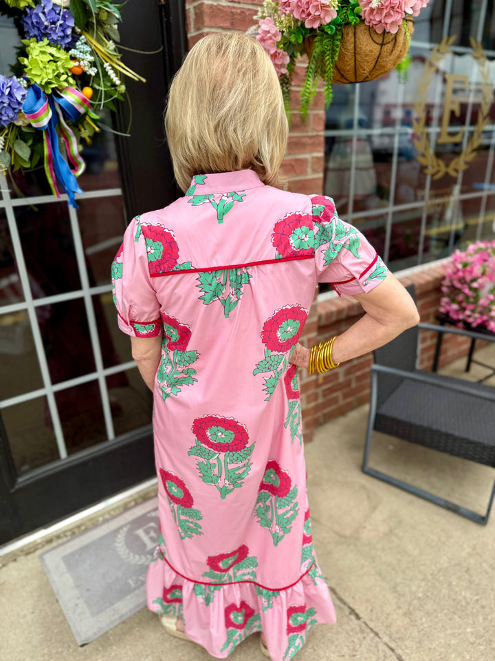 Pink Floral Print Mandarin Collar Midi Dress, available in sizes XS-XL.