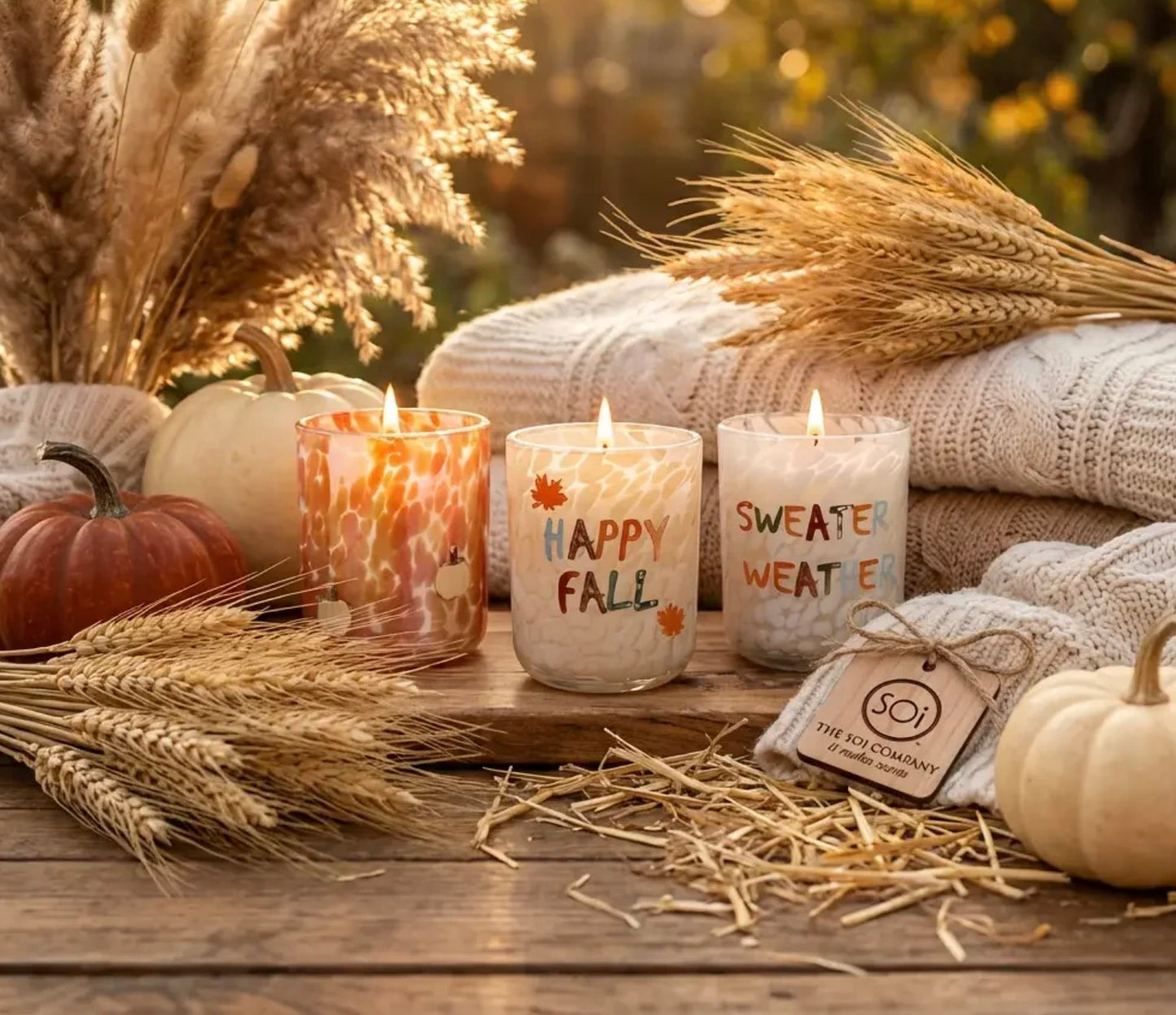 Set of three 12oz Happy Fall Icon Candles with “HAPPY FALL” and “SWEATER WEATHER” labels; apple fragrance.