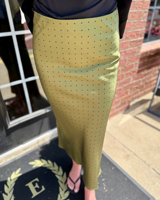 Olive green polka dot satin midi skirt. Available in sizes XS-XL.