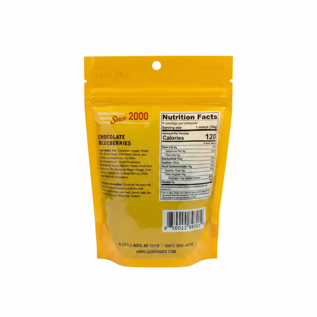 Resealable yellow bag labeled "Chocolate Blueberries," containing chocolate-covered dried blueberries. Packaging includes nutrition facts, contact info, and kosher certification. Sizes available: 4 oz, 8 oz, 16 oz.