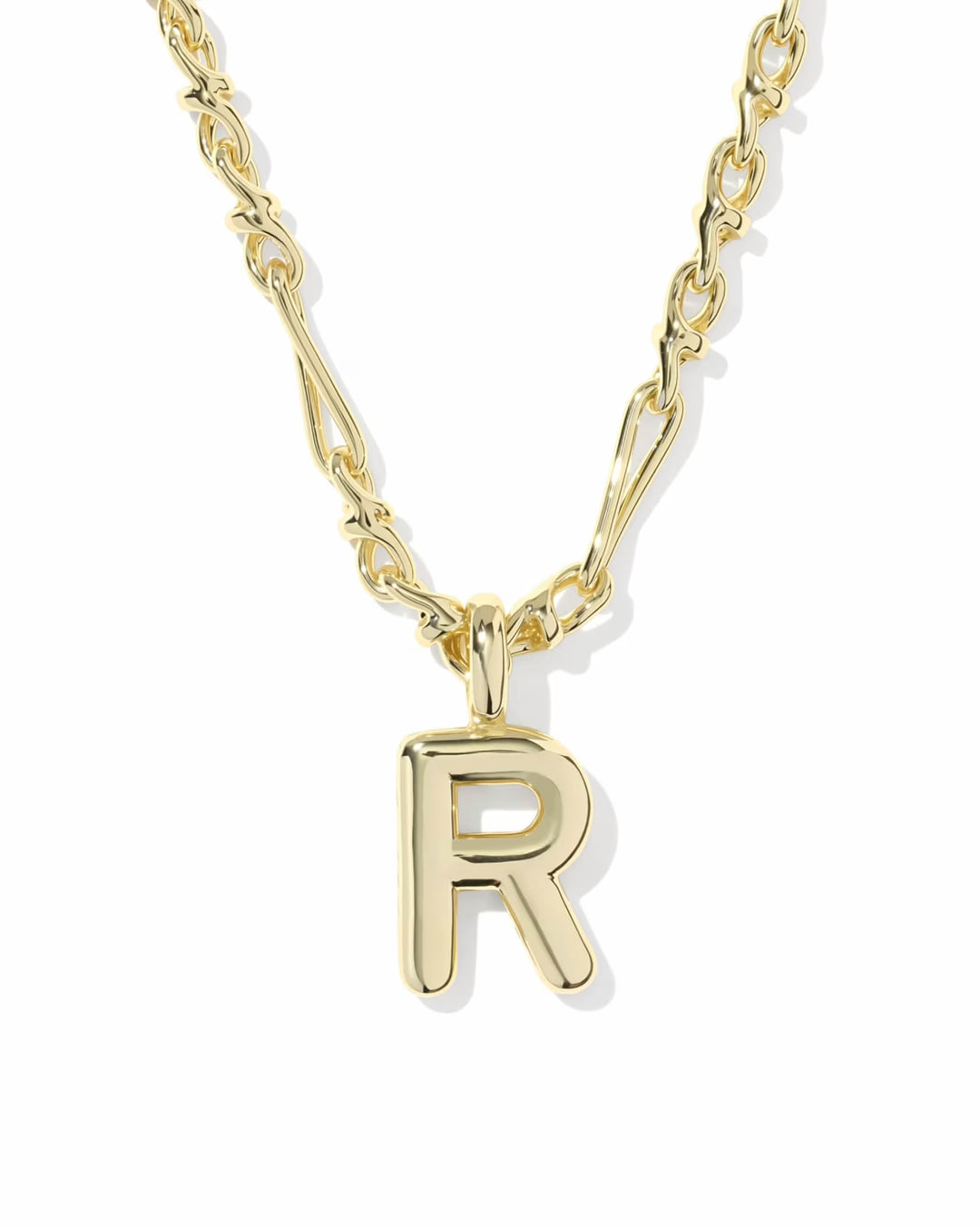 Gold bubble letter "R" pendant necklace by Kendra Scott; sizes available: small, medium, and large.
