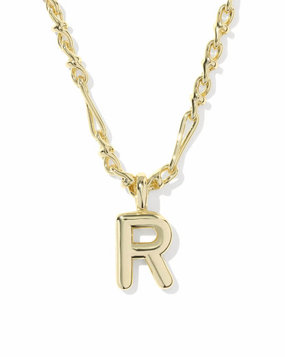 Gold bubble letter "R" pendant necklace by Kendra Scott; sizes available: small, medium, and large.
