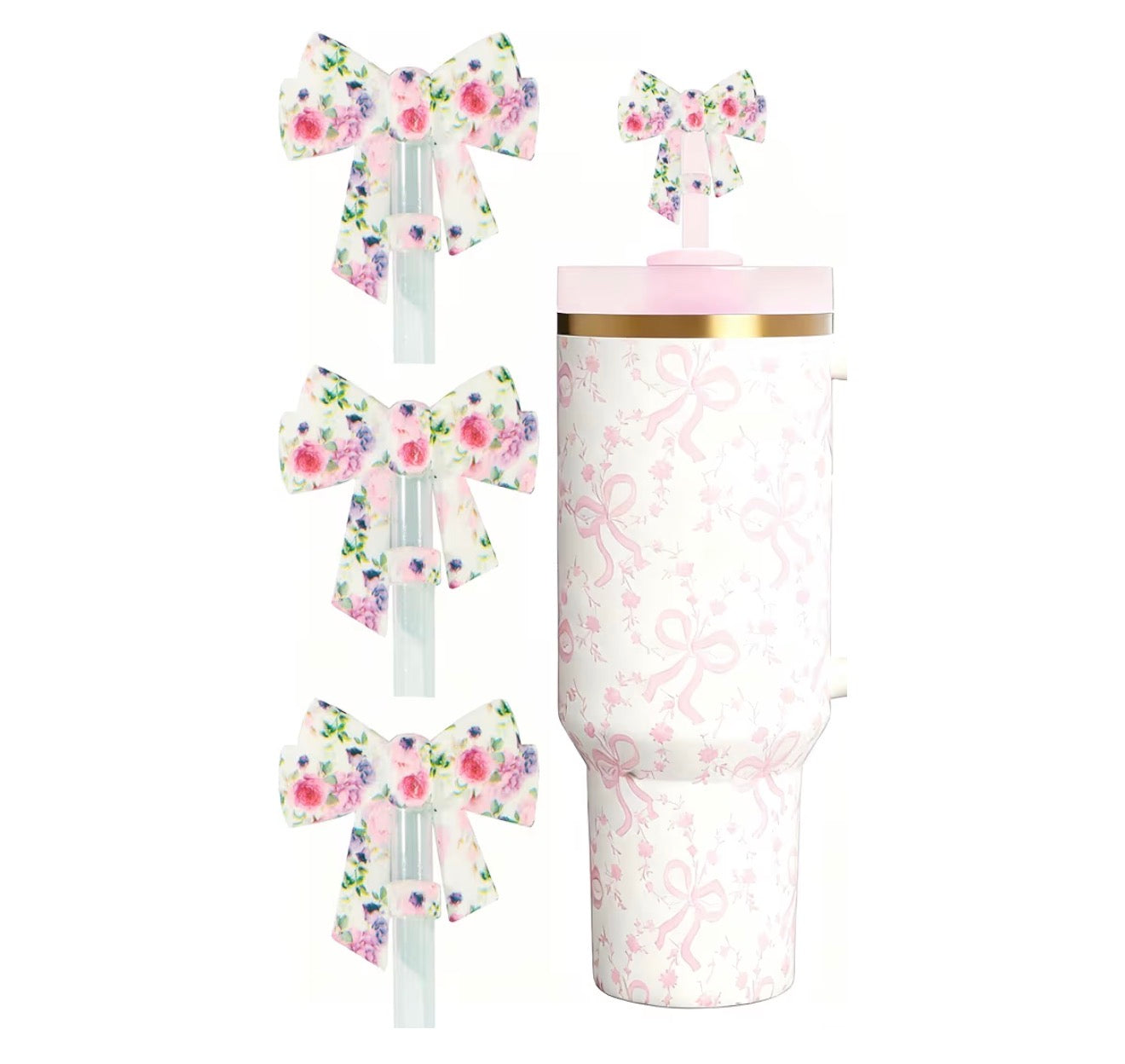Tumbler with pink and white bow pattern, pink lid, gold rim; available in 16oz, 20oz, and 24oz sizes.