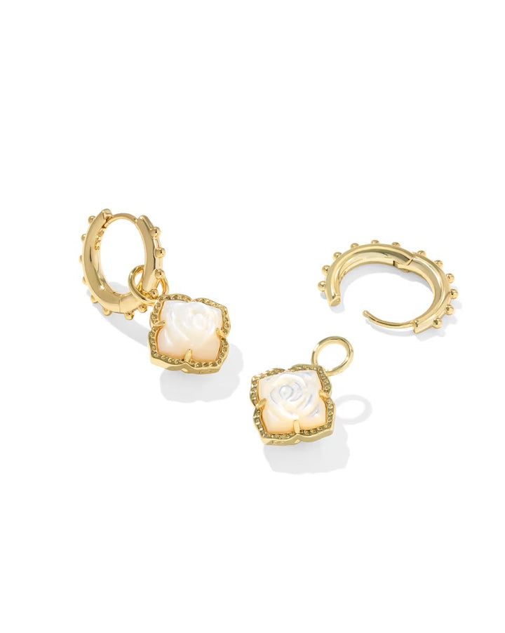 Mallory Rose Gold Huggie Earrings: vintage hoops, detachable square pendants, white rose, gemstone border. Sizes: small, medium.