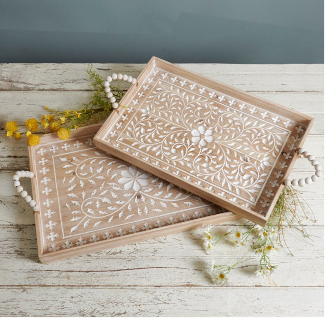 Floral Tray set: two rectangular trays with white floral and vine patterns, beaded handles, yellow and white flowers. Sizes available.