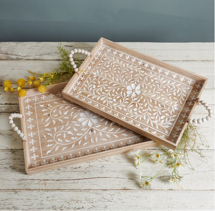 Floral Tray set: two rectangular trays with white floral and vine patterns, beaded handles, yellow and white flowers. Sizes available.