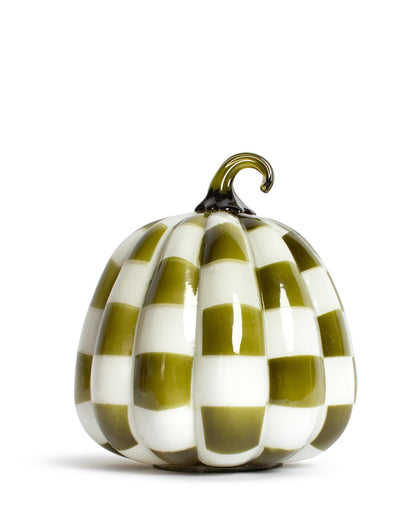 White and olive green checkered pumpkin with a curved stem; available in multiple sizes.