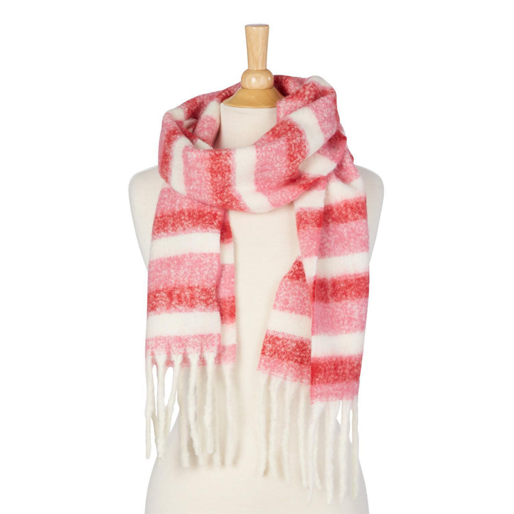 Scarf with Fringe in blush pink, wide fuzzy pink and white stripes, long white fringe ends. Available in S, M, L.