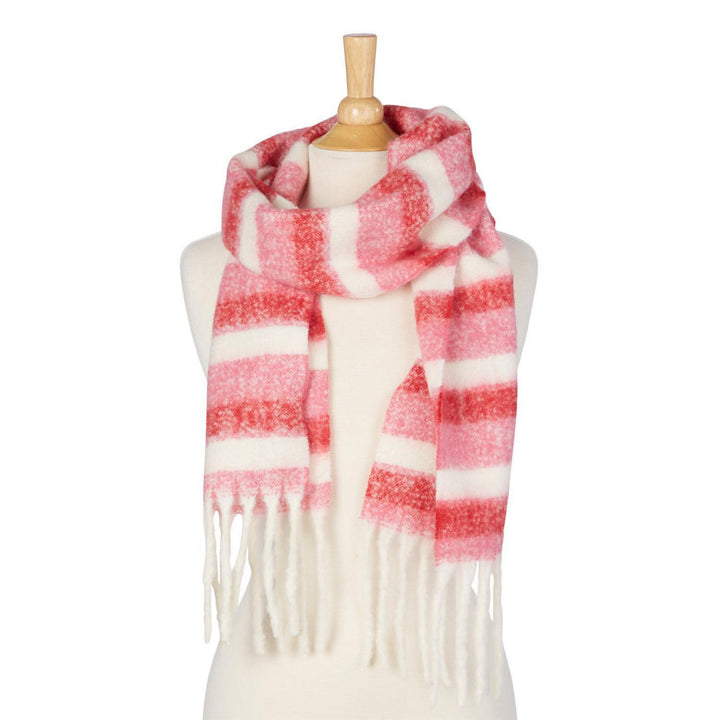 Scarf with Fringe in blush pink, wide fuzzy pink and white stripes, long white fringe ends. Available in S, M, L.