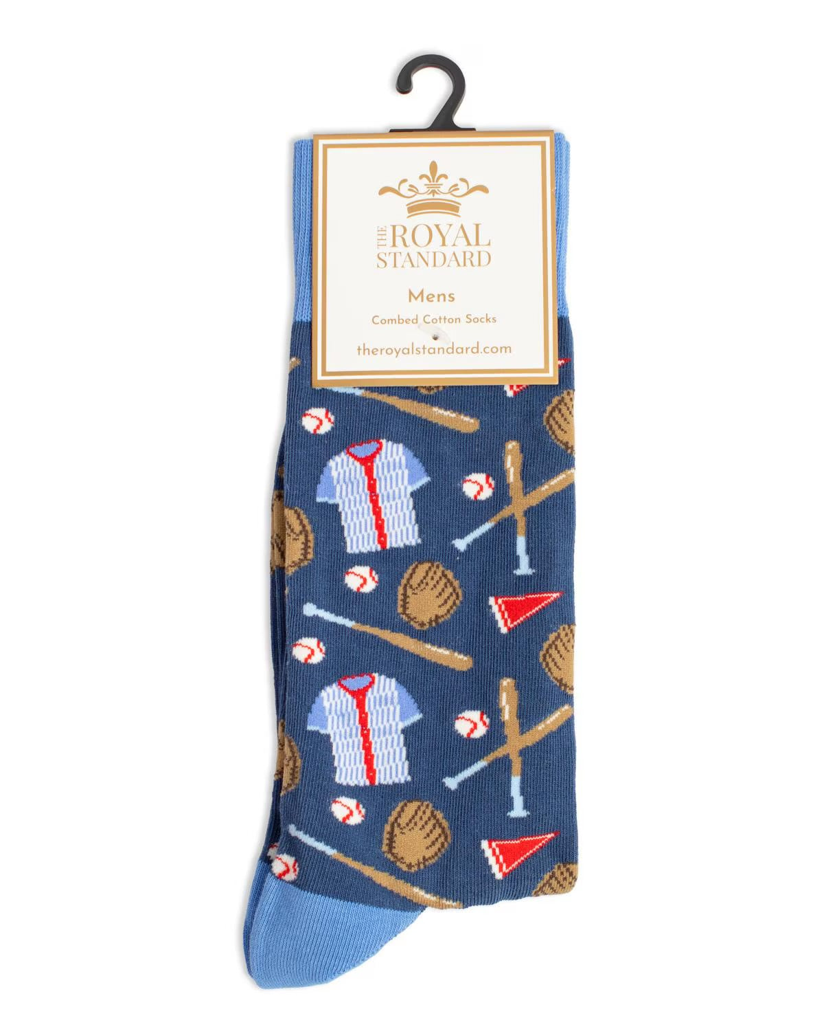 Blue men’s sports socks with jerseys, bats, balls, gloves, and stars. “The Royal Standard.” Sizes: M, L, XL.