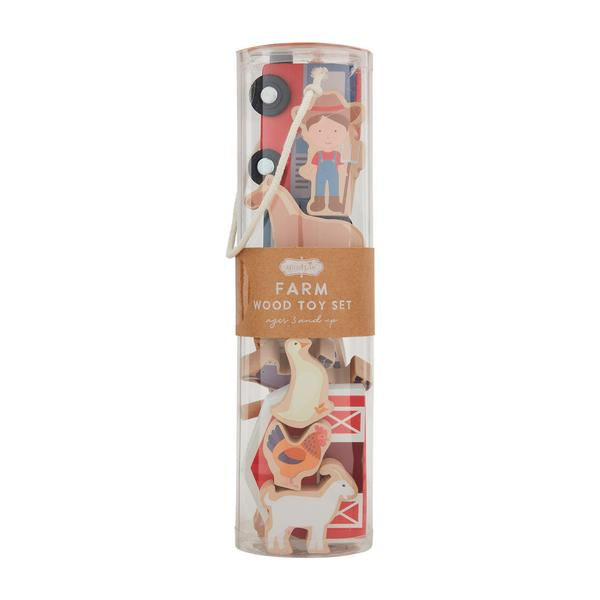 Wood Farm Toy Set in clear cylinder, includes painted wooden farmer, animals, barn. For ages 3+. Sizes available: not specified.