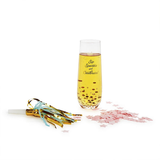 Stemless champagne glass with gold confetti and "Sip Sparkle and Celebrate!". Includes champagne-scented bath confetti. Sizes: 10oz.