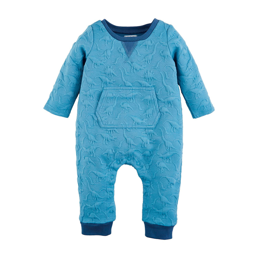Blue quilted Dino one-piece sleeper with dark blue cuffs, dinosaur pattern, hand warmer pocket. Sizes: NB-24M.