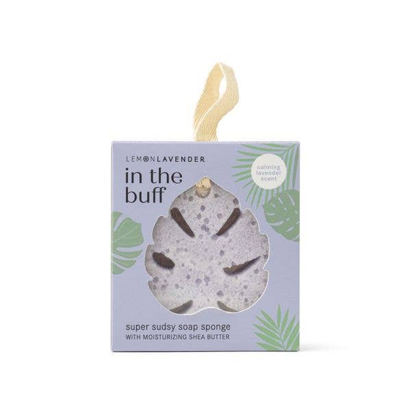 Pastel purple, leaf-shaped exfoliating soap with brown accents; packaged in light purple box. Available in standard size.