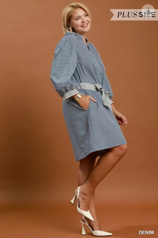 Denim Textured Contrast Trim Tie Waist Mini Dress with puffed sleeves, striped belt. Available in plus sizes.