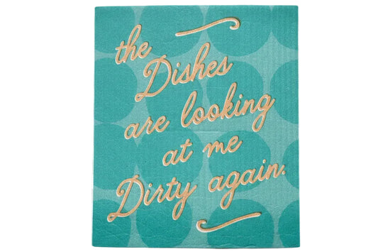 Turquoise, eco-friendly kitchen cloth with large light teal circles and gold cursive text; available in standard size.
