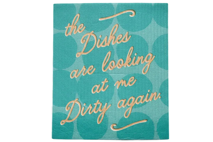 Turquoise, eco-friendly kitchen cloth with large light teal circles and gold cursive text; available in standard size.