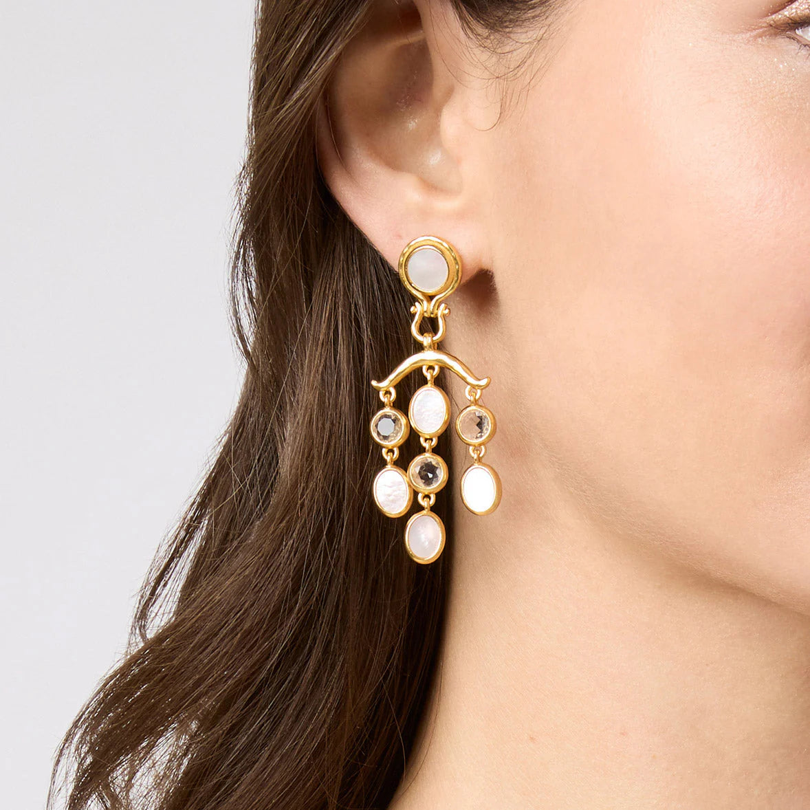 Saratoga Chandelier Earrings with 24K gold plating, dangling white and translucent stones. Available in S, M, L.