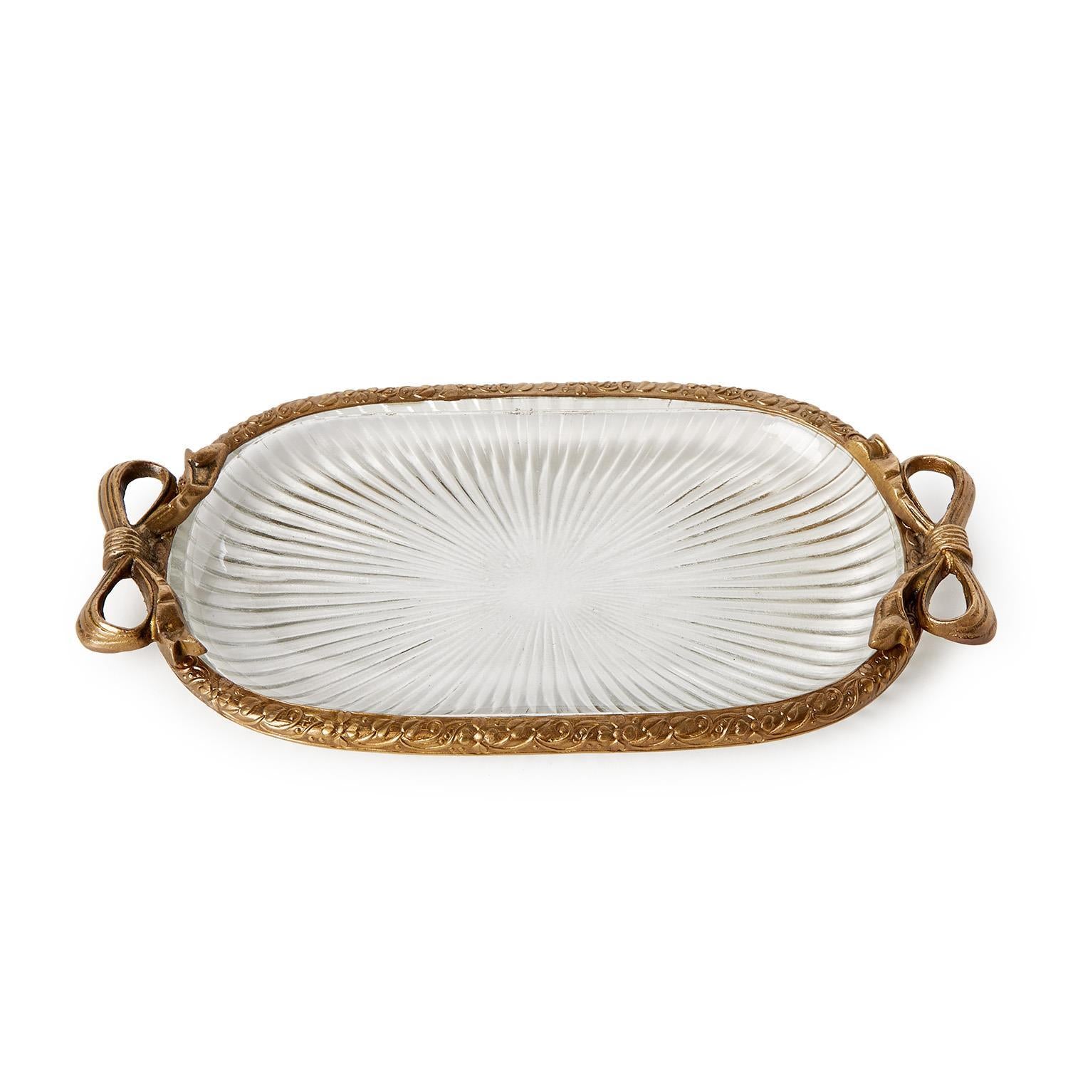 Antique gold finish glass vanity tray with sunburst design, bow handles, and ornate frame. Sizes: Small, Medium, Large.