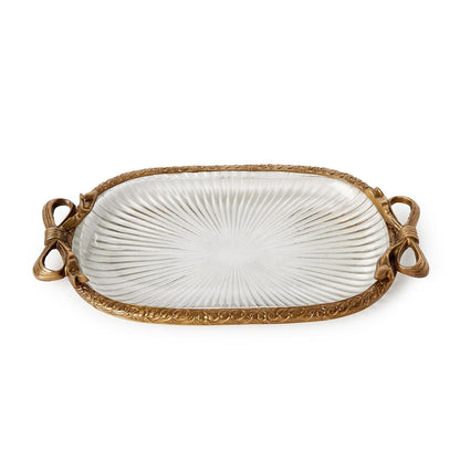 Antique gold finish glass vanity tray with sunburst design, bow handles, and ornate frame. Sizes: Small, Medium, Large.