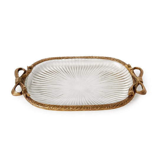 Antique gold finish glass vanity tray with sunburst design, bow handles, and ornate frame. Sizes: Small, Medium, Large.