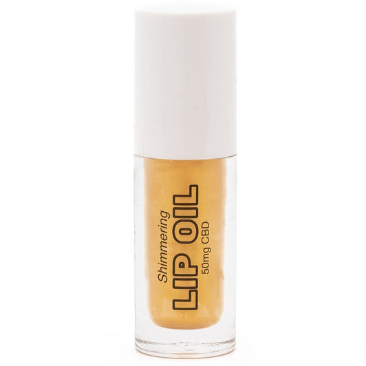 Clear tube of Tinted Lip Oil, white cap, golden liquid, "Tinted LIP OIL 50mg CBD" label. Available in multiple sizes.
