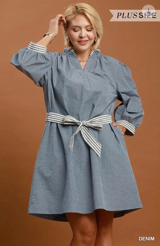 Denim Textured Contrast Trim Tie Waist Mini Dress with striped cuffs, matching belt. Available in sizes XS-XL.