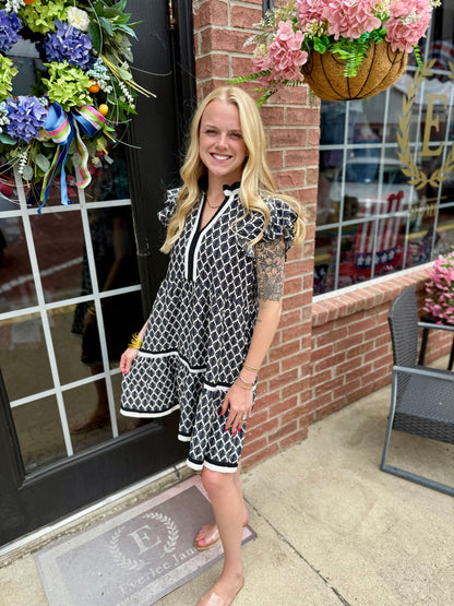 Black Ruffle Baroque Pattern Tiered Dress available in sizes XS-XL; features ruffles and tiered layers in baroque pattern.