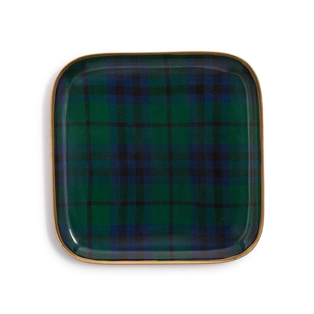 Square tartan metal trays with a green and blue pattern and metallic rim.