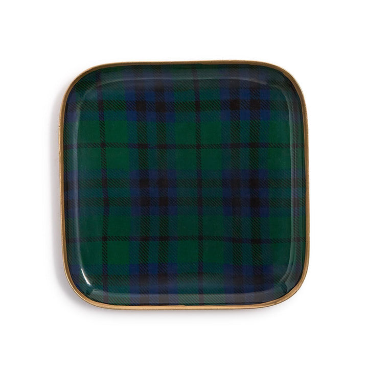 Square tartan metal trays with a green and blue pattern and metallic rim.