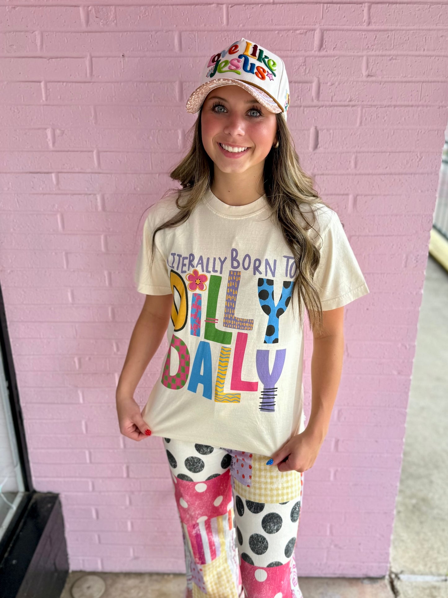 Literally Born to Dilly Dally Tee: soft garment-dyed Comfort Colors® shirt with colorful text; available in sizes S–XXL.