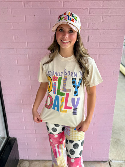 Literally Born to Dilly Dally Tee: soft garment-dyed Comfort Colors® shirt with colorful text; available in sizes S–XXL.
