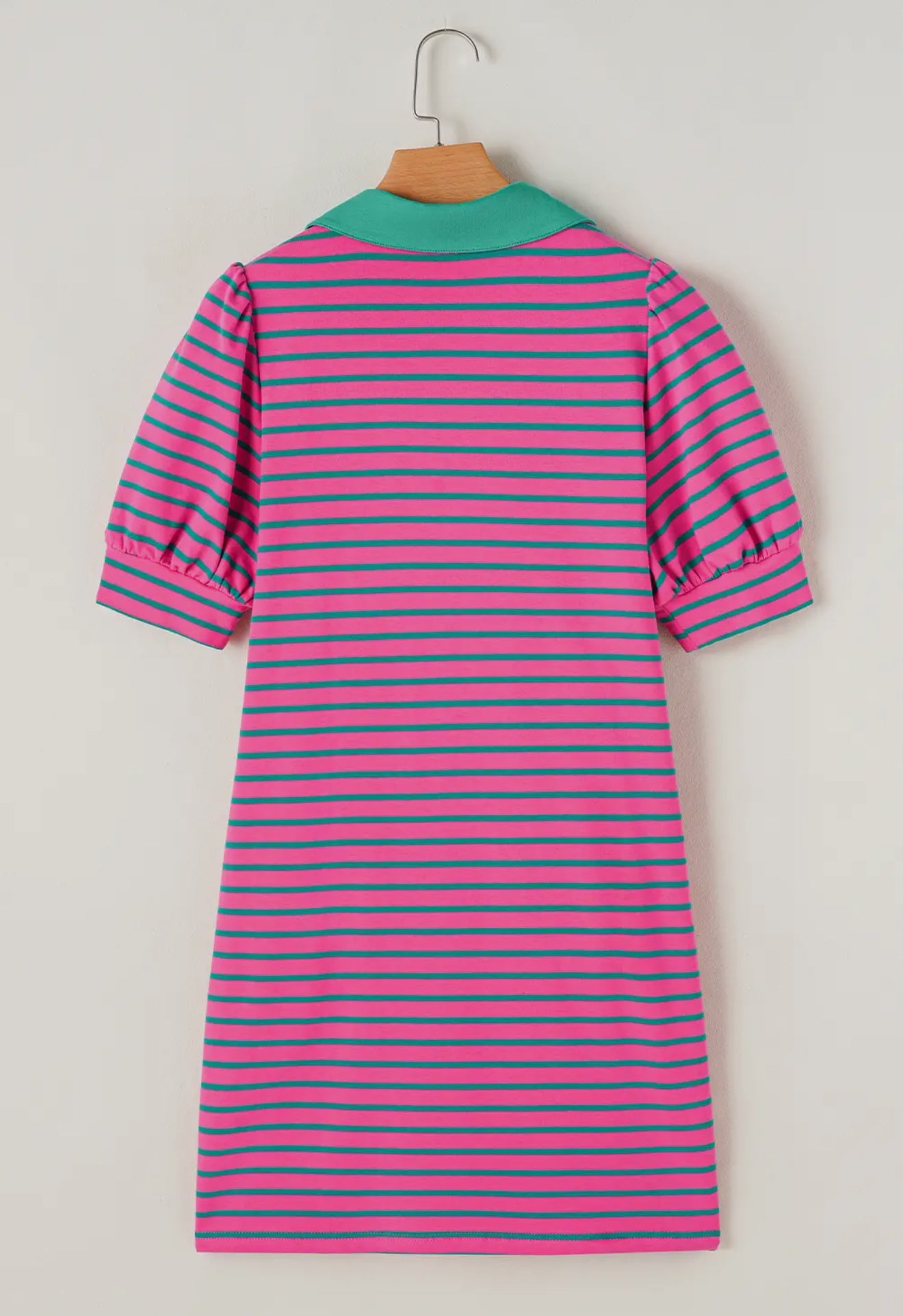 Striped Puff Sleeve Dress with pink, blue, and green stripes, puff sleeves, green collar. Sizes: XS-XL.