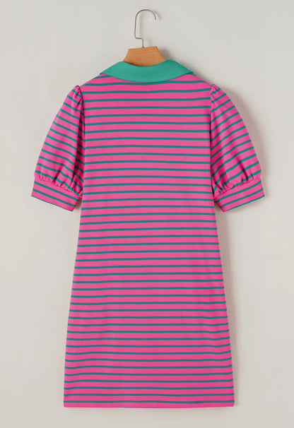 Striped Puff Sleeve Dress with pink, blue, and green stripes, puff sleeves, green collar. Sizes: XS-XL.