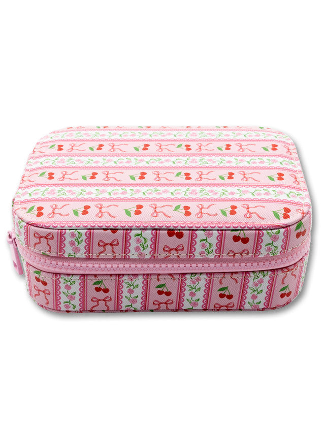 Rectangular pink zippered jewelry case with cherries, bows, striped patterns. Available in small size.