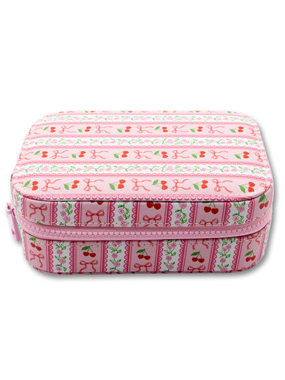 Rectangular pink zippered jewelry case with cherries, bows, striped patterns. Available in small size.